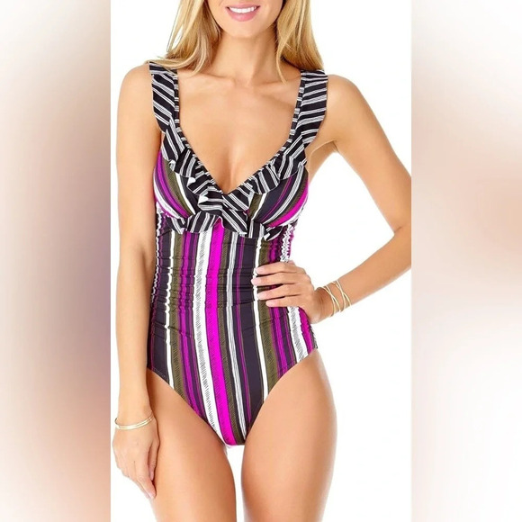 Anne Cole New Pink Black White & Green Striped 1 Piece Swimsuit Size 8 - Picture 1 of 10